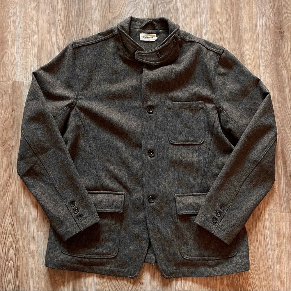 Taylor Stitch Gibson Olive Herringbone Wool Jacket Coat Men’s Size 46 XXL